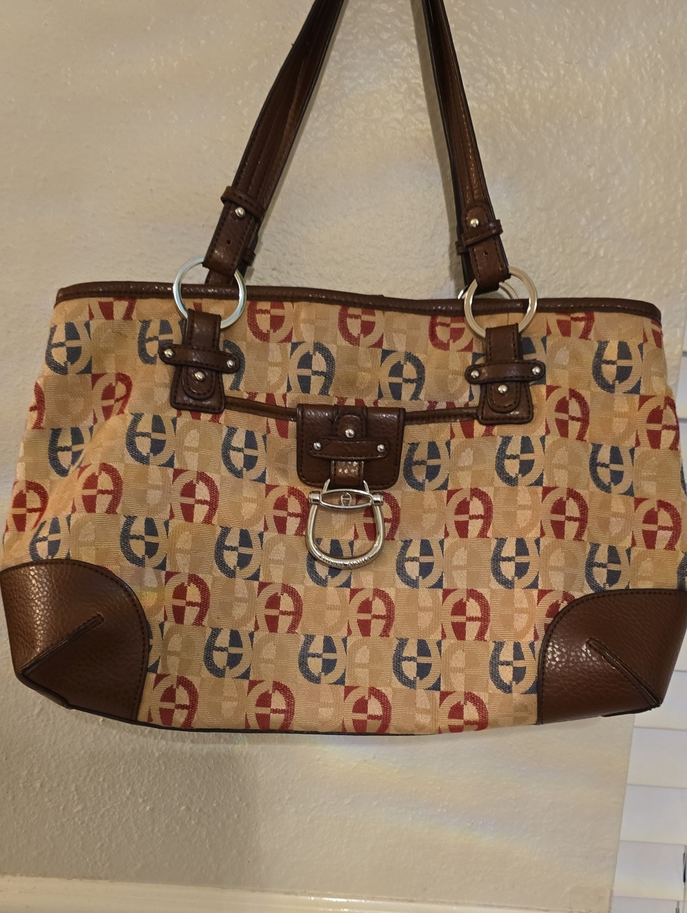Etienne Aigner Canvas Tote Bag in Beige with Red & Blue Accents
